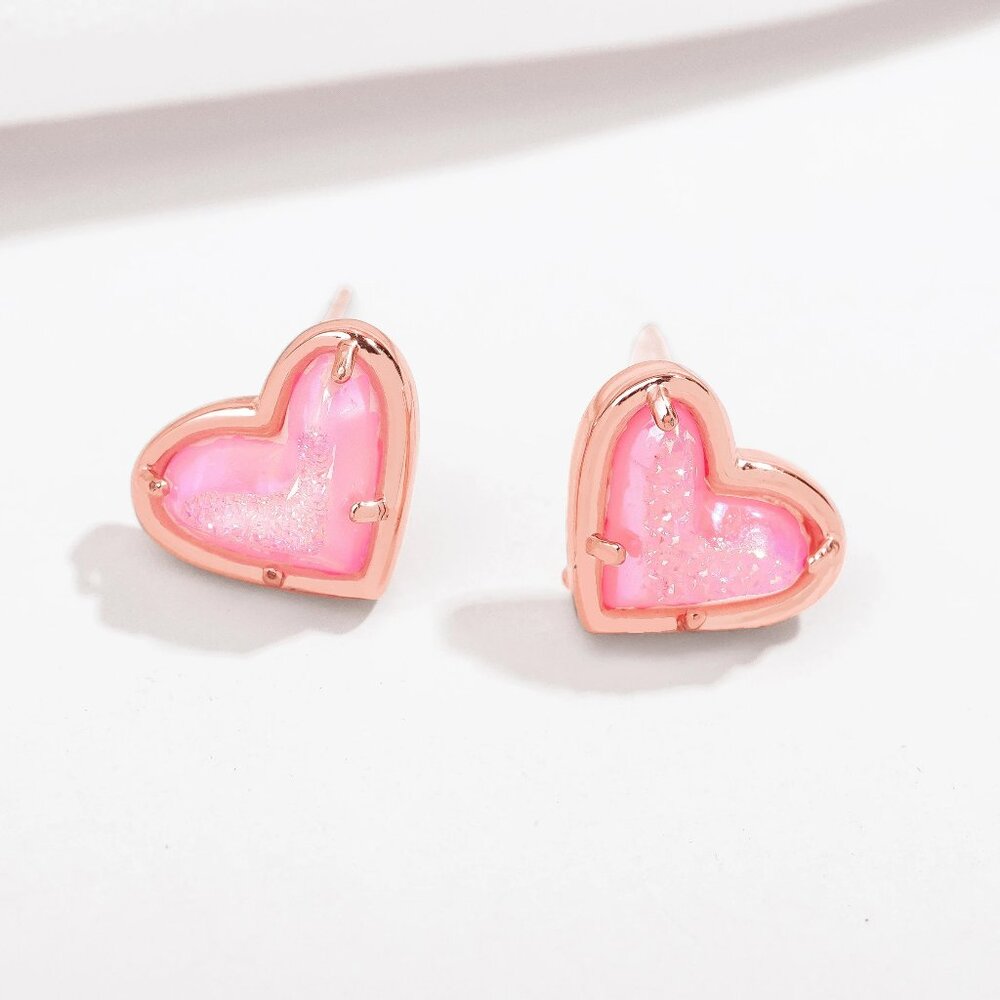 Alicia Bonnie In Love Light Pink Druzy Heart Earrings, Rose Gold Studs